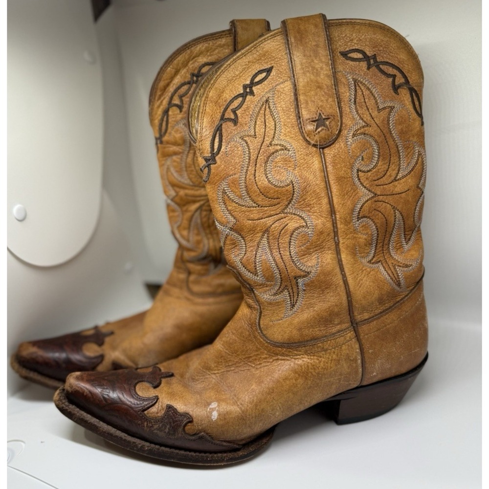 Tony Lama Vintage Western Cowboy Boots Leather Cognac Tan Stitched 9.5B